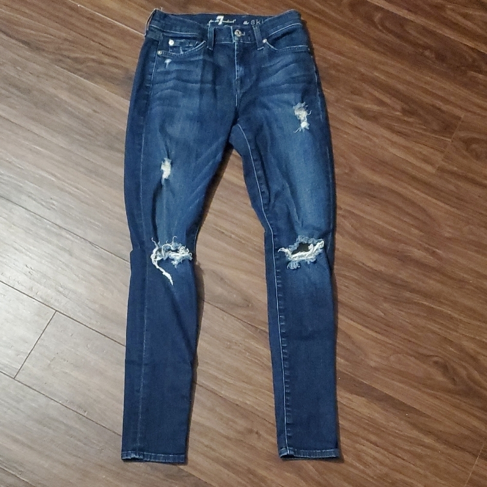7 For All Mankind Dark Blue Distressed Skinny Jeans